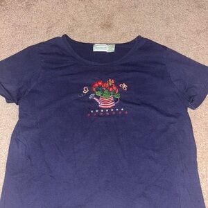 Vintage Navy Blue Wide Neck Shirt Embroidered American Floral Design